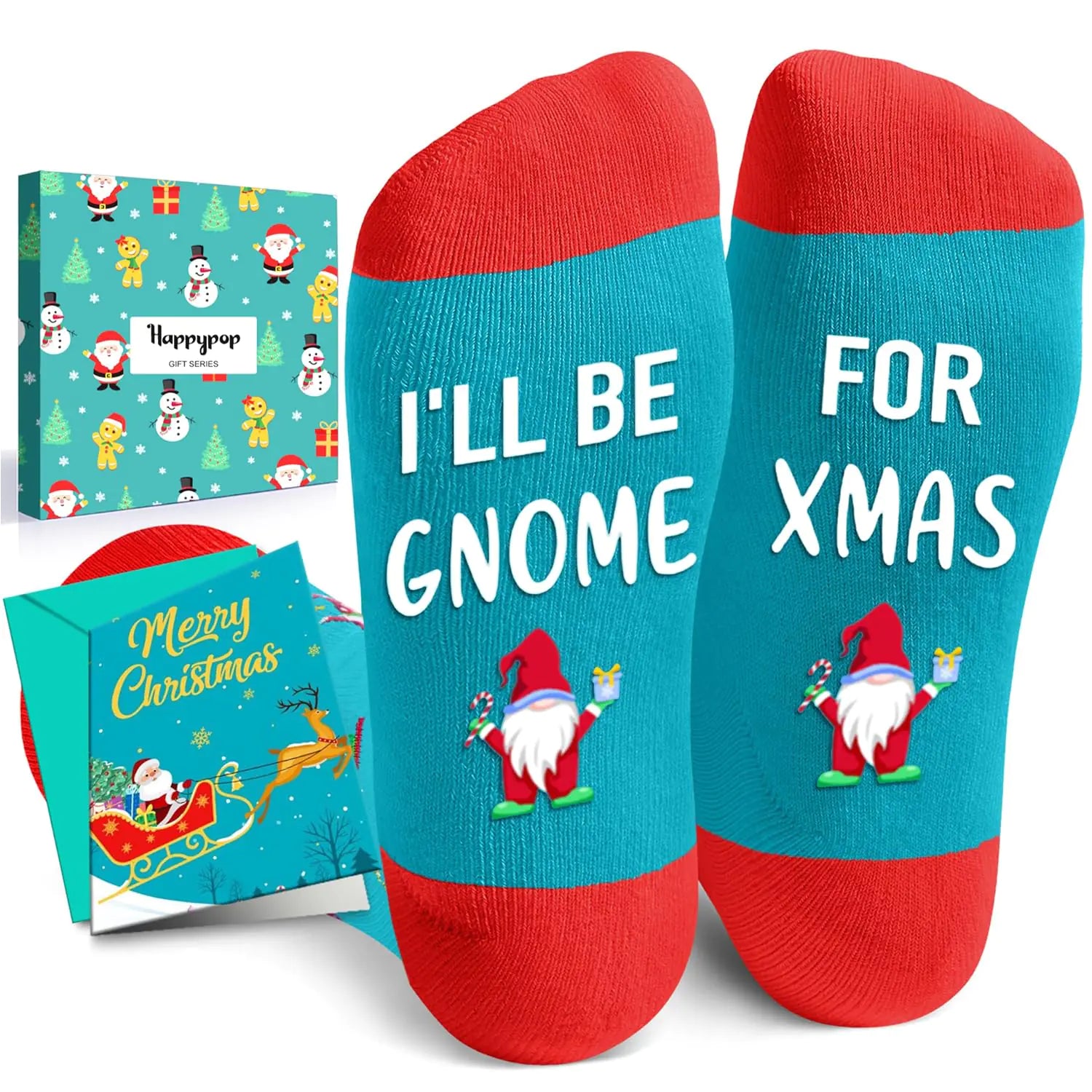HAPPYPOP Christmas Gifts Stocking Socks for Men - Secret Santa Socks Gnome Christmas Stocking Stuffers for Women Gnome Gifts for Teens with Greeting Card