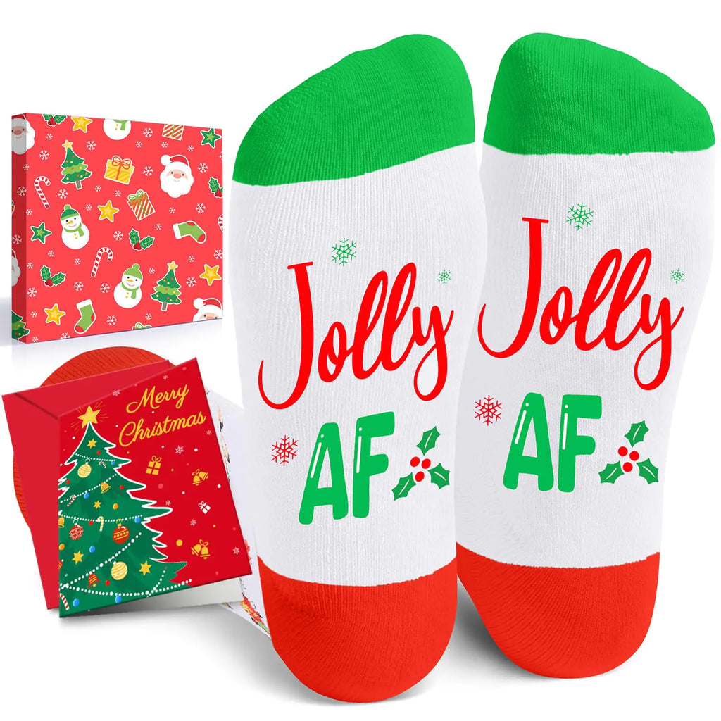 HAPPYPOP Christmas Gifts Santa Socks for Women Men - Christmas Secret Santa Gifts for Teens Stocking Stuffers for Mom Dad with Greeting Card