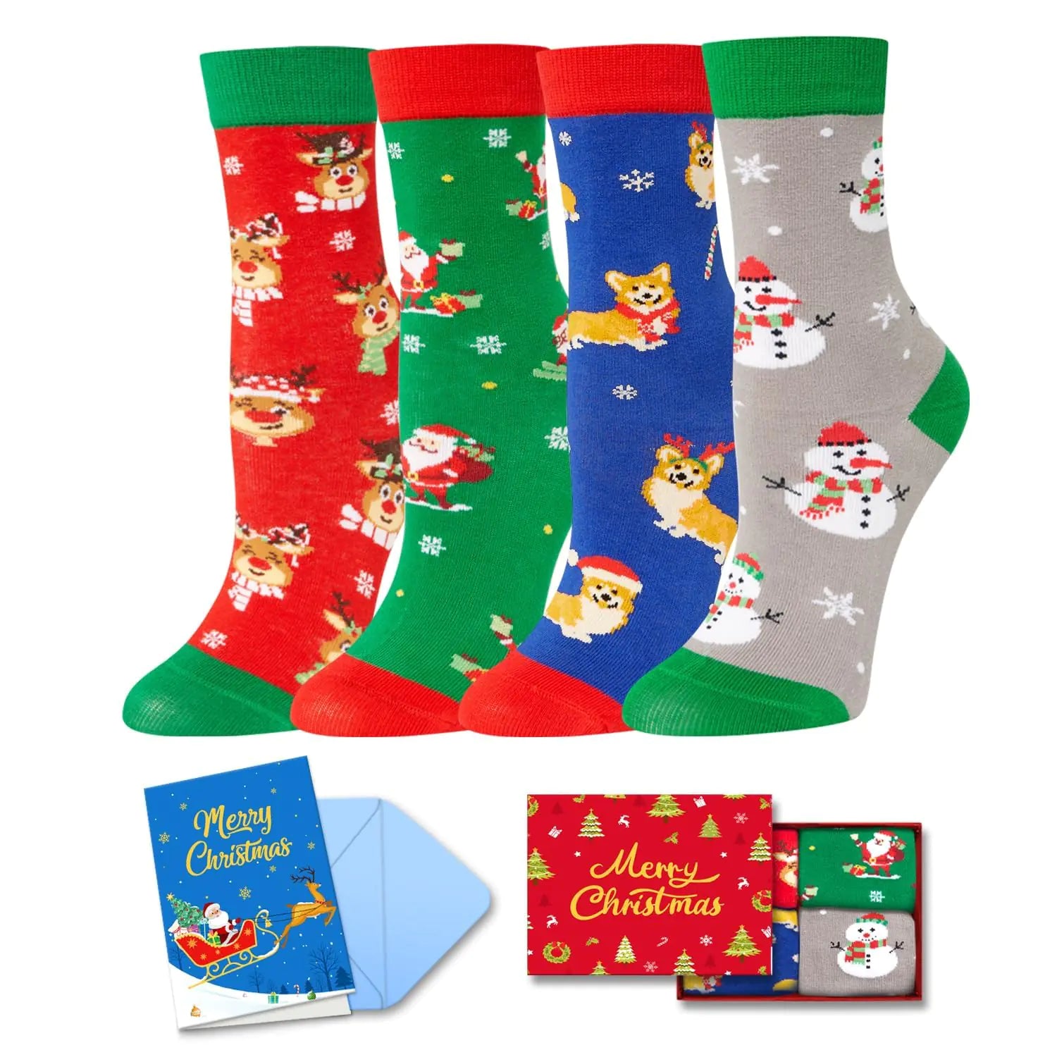 HAPPYPOP Christmas Gifts Stocking Socks for Kids - Santa Redeer Corgi Gifts for Boy Girl with Greeting Card Xmas Stocking Stuffers for 10-12 Years